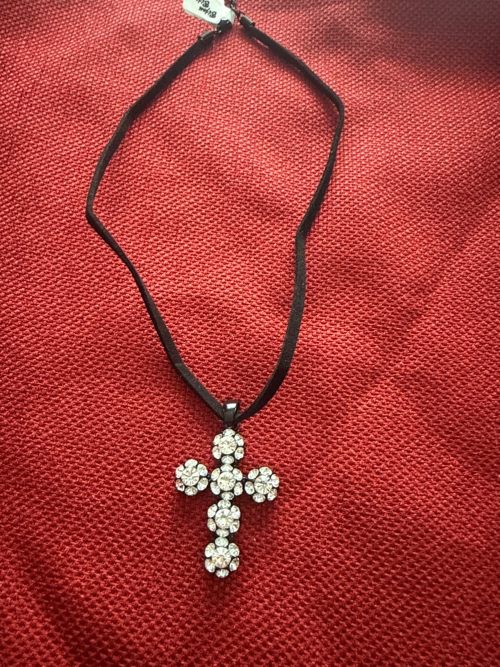 Vintage Rhinestone Floral Cross Pendant Necklace in Black suede.